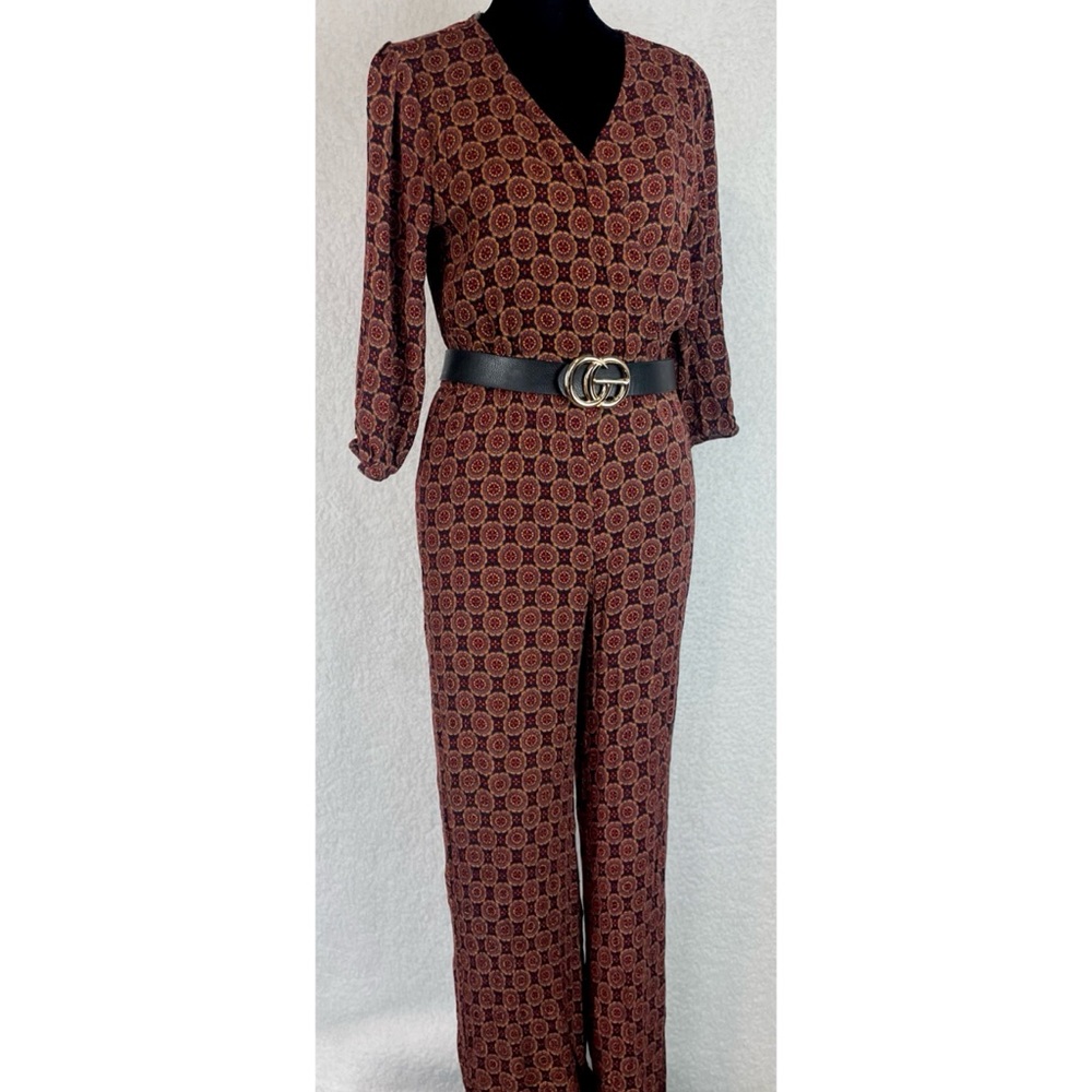 BLUE RAIN • Multicolored Bohemian Geometric Mandala Print V-neck Jumpsuit, S - Picture 6 of 16